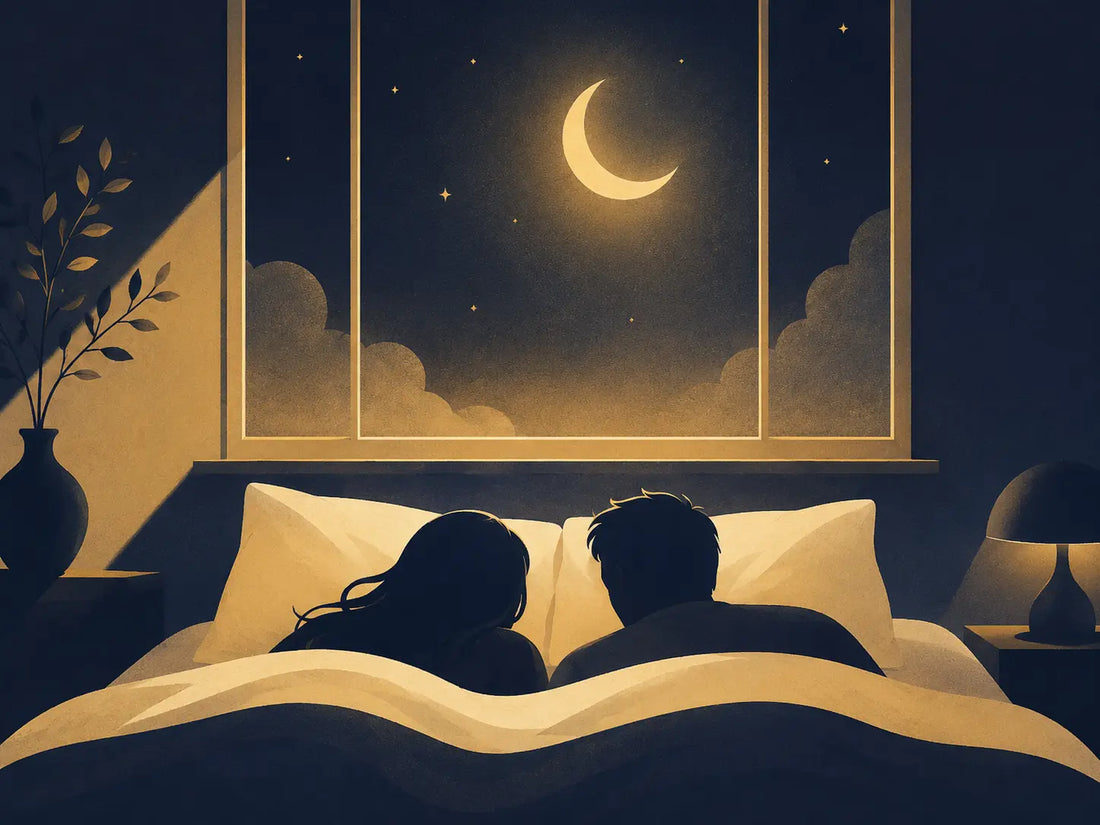Illustration d'un couple dormant paisiblement sous un croissant de lune