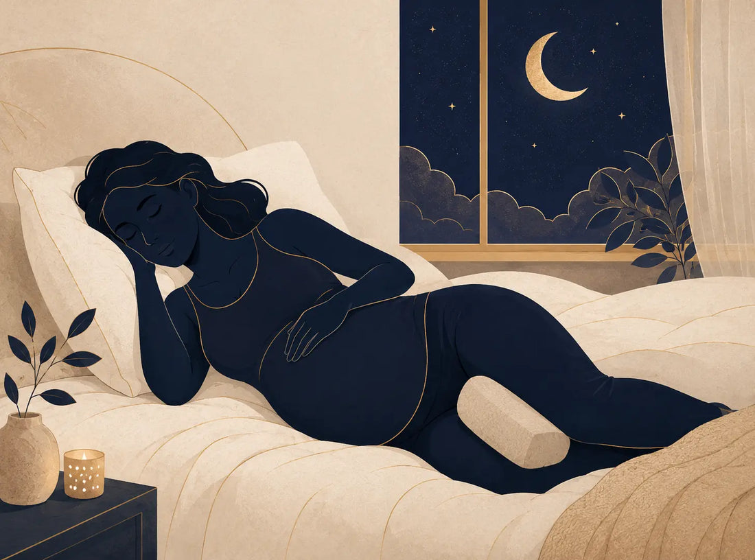 Femme enceinte dormant paisiblement sur le côté, un coussin de jambe entre les genoux — illustration Cozynuit