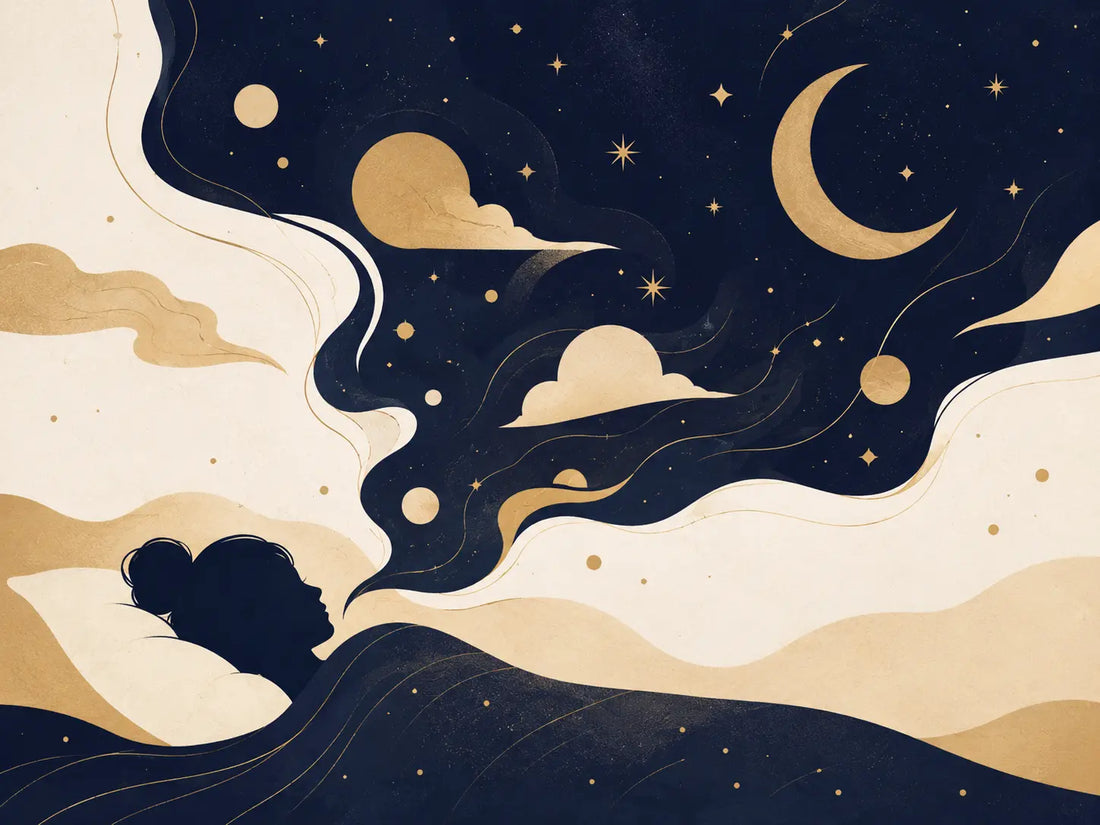 Illustration onirique d'une personne rêvant sous un ciel étoilé
