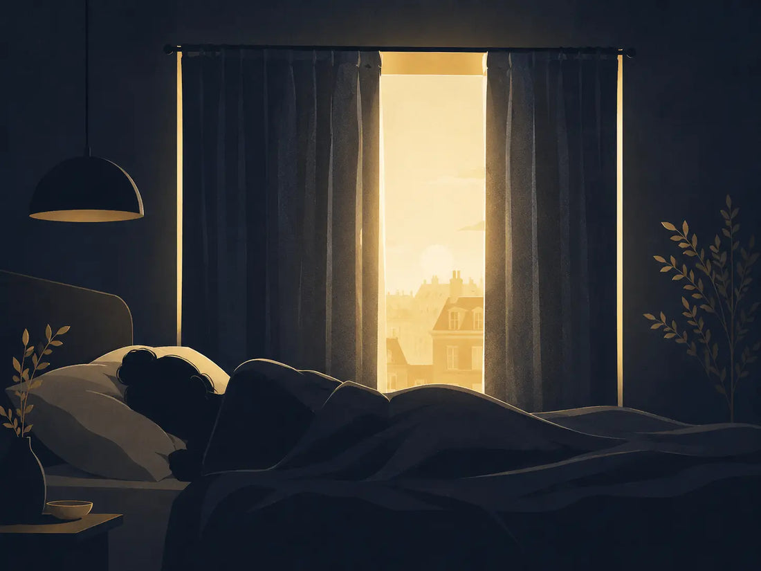 Illustration d'une personne dormant le jour dans une chambre sombre