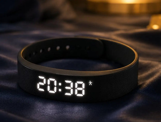 Bracelet réveil vibreur noir posé sur une table de chevet
