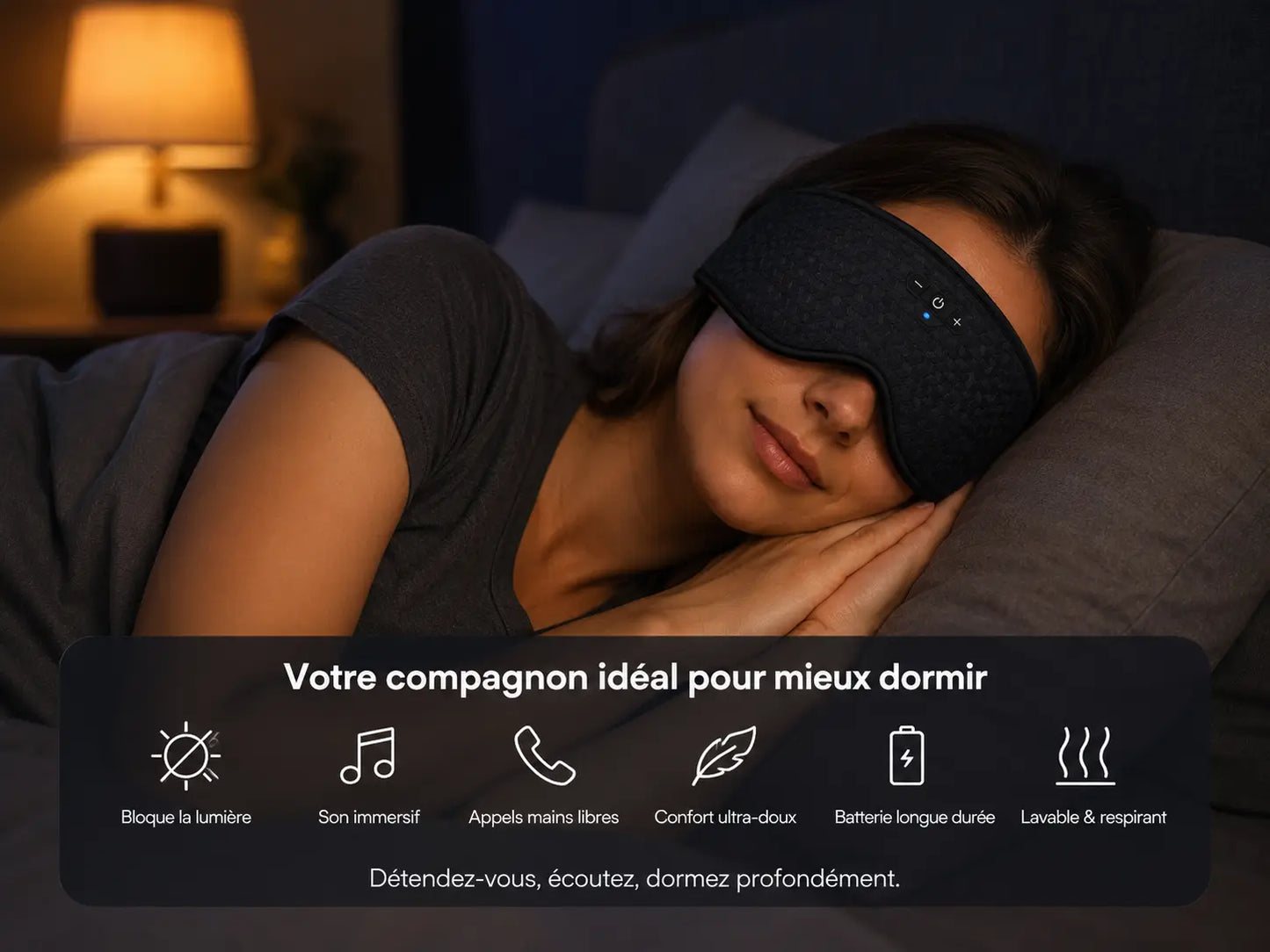 Femme dormant avec le masque de sommeil Bluetooth Cozynuit