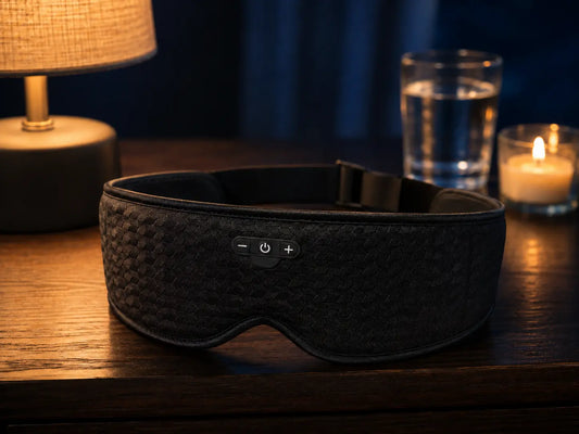 Masque de sommeil Bluetooth Cozynuit posé sur une table de chevet