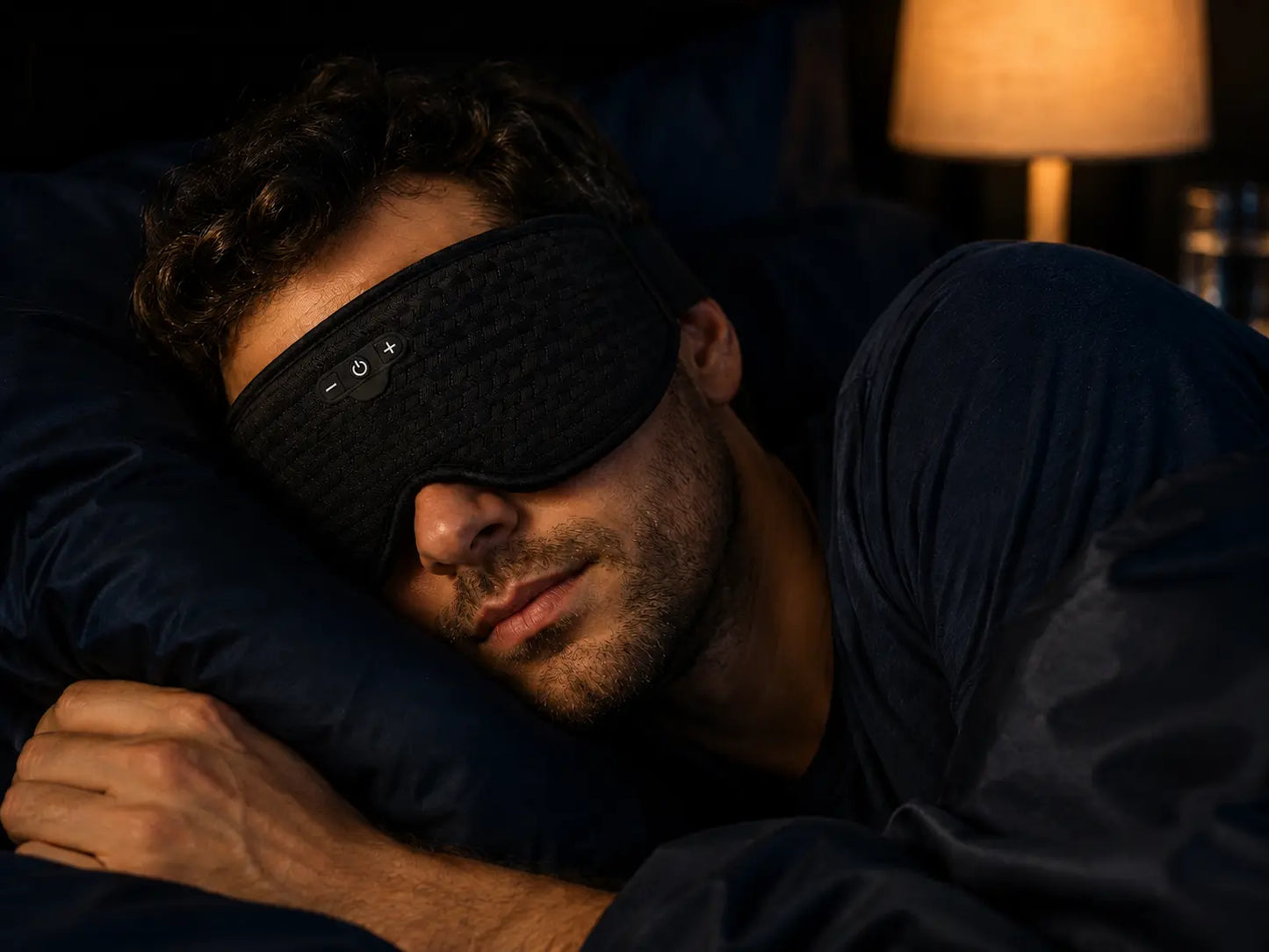 Homme dormant paisiblement avec le masque de sommeil Bluetooth