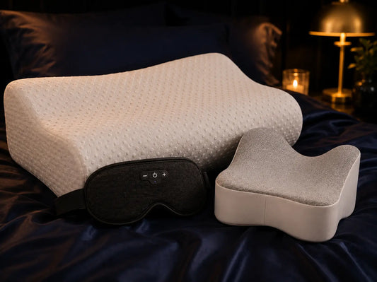 Pack Sommeil Complet Cozynuit : oreiller cervical, masque de sommeil Bluetooth et coussin de jambe