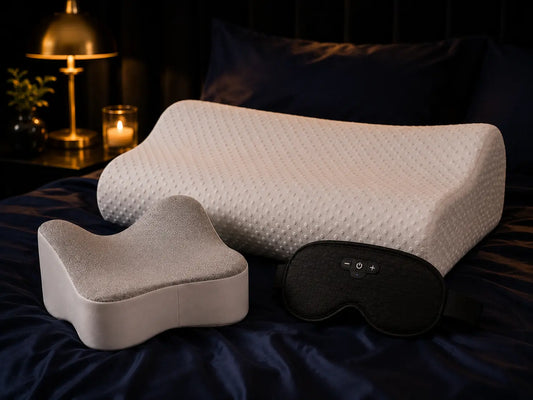 Pack Sommeil Complet Cozynuit : masque de sommeil, oreiller cervical et coussin de jambe